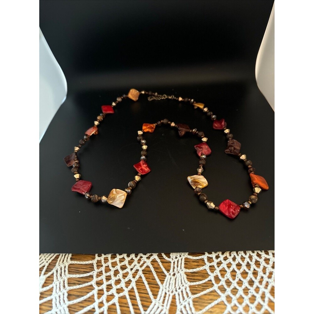 Brown Tone Boho 35 inch Square Stone Necklace Bright Shiny Fall Color Stones